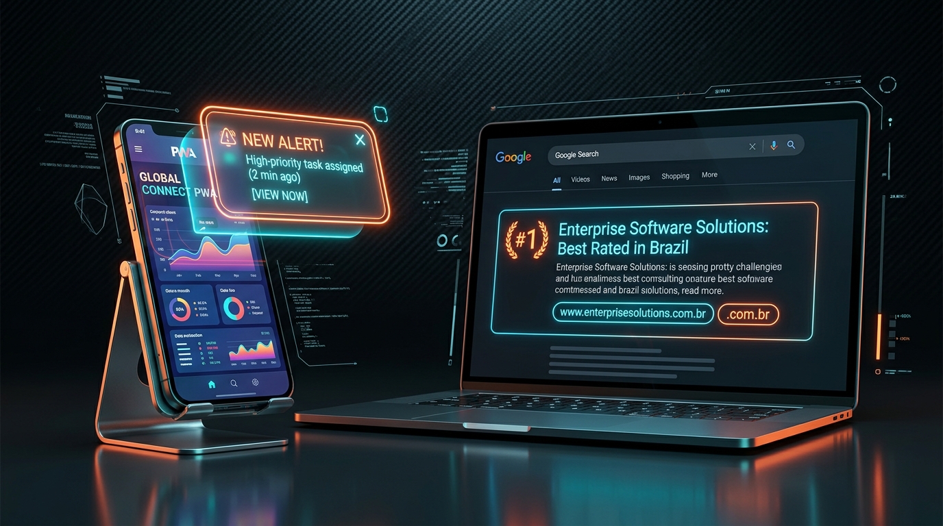 PWA com Site e Topo do Google: O Que sua Empresa Ganha com Domínio .com.br, E-mails Profissionais e Notificações Push